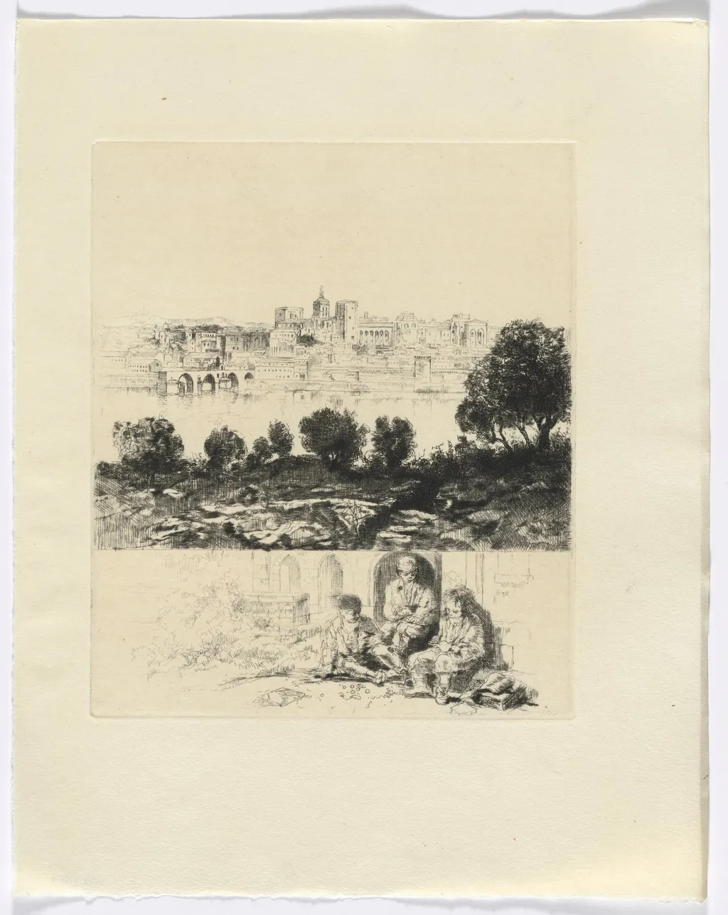 Frédéric Mistral: Mémoires et Recits by Frédéric Mistral: landscape with river and city view/ three figures (insert after p. 72), by Auguste Brouet, 1937