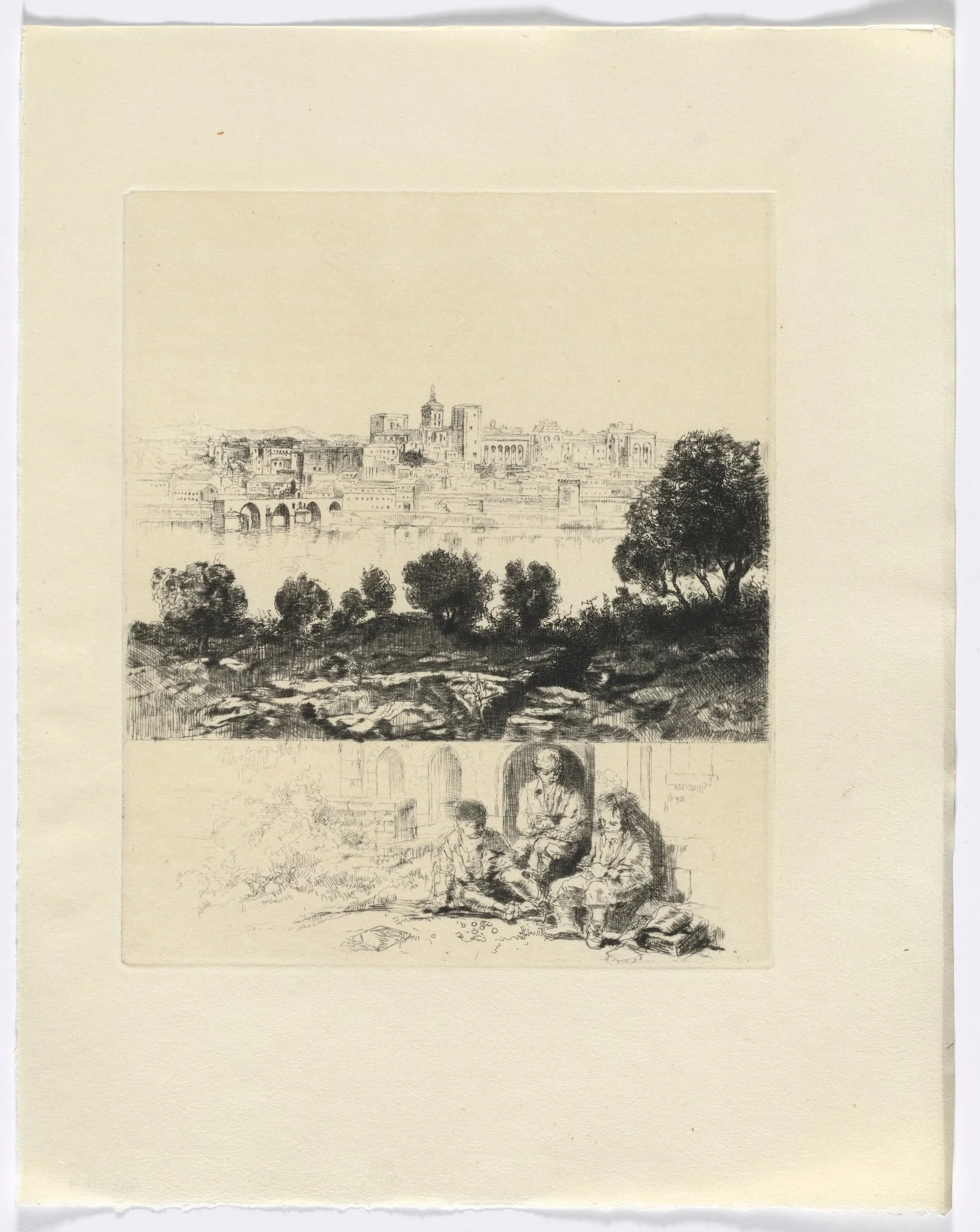 Frédéric Mistral: Mémoires et Recits by Frédéric Mistral: landscape with river and city view/ three figures (insert after p. 72), detail
