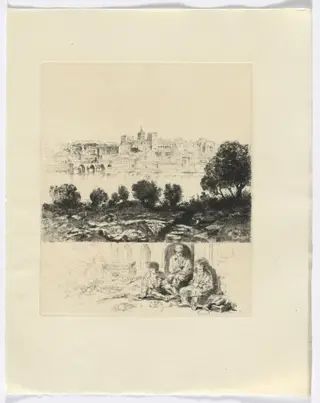 Frédéric Mistral: Mémoires et Recits by Frédéric Mistral: landscape with river and city view/ three figures (insert after p. 72), by Auguste Brouet, 1937