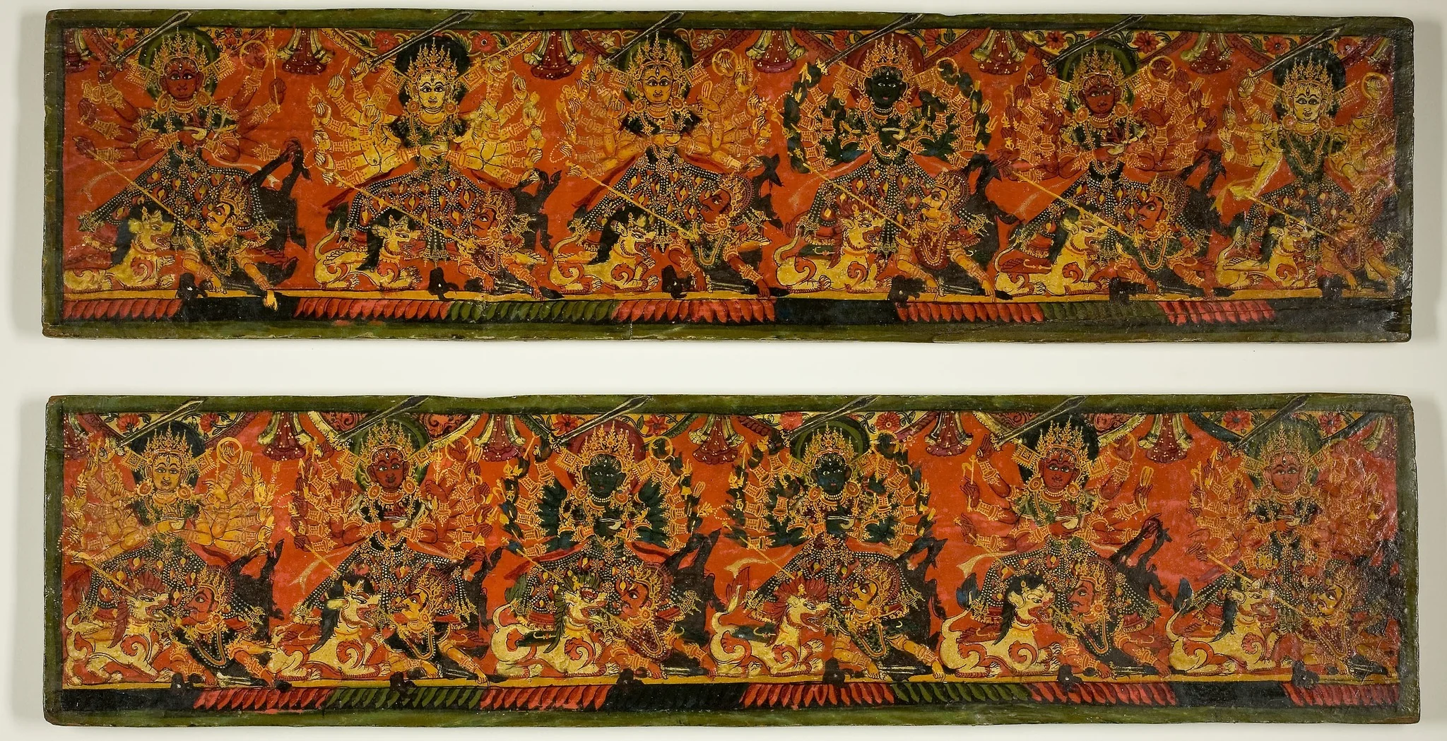 Pair of Manuscript Covers with Twelve Durgas on Snow Lions Slaying the Buffalo Demon (Mahishasuramardini), detail