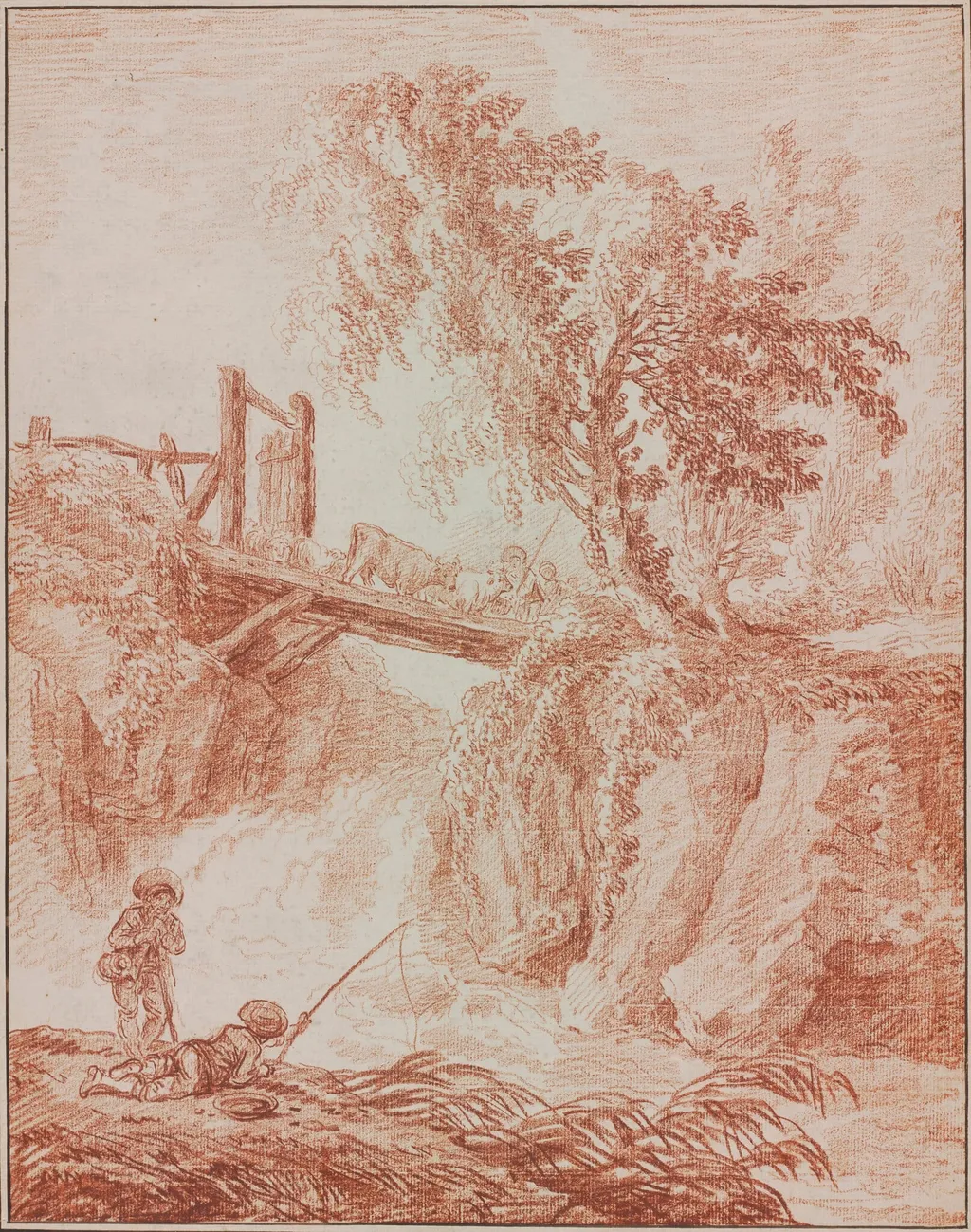 Herdsmen Crossing a Waterfall, by Hubert Robert, chalk, 1772