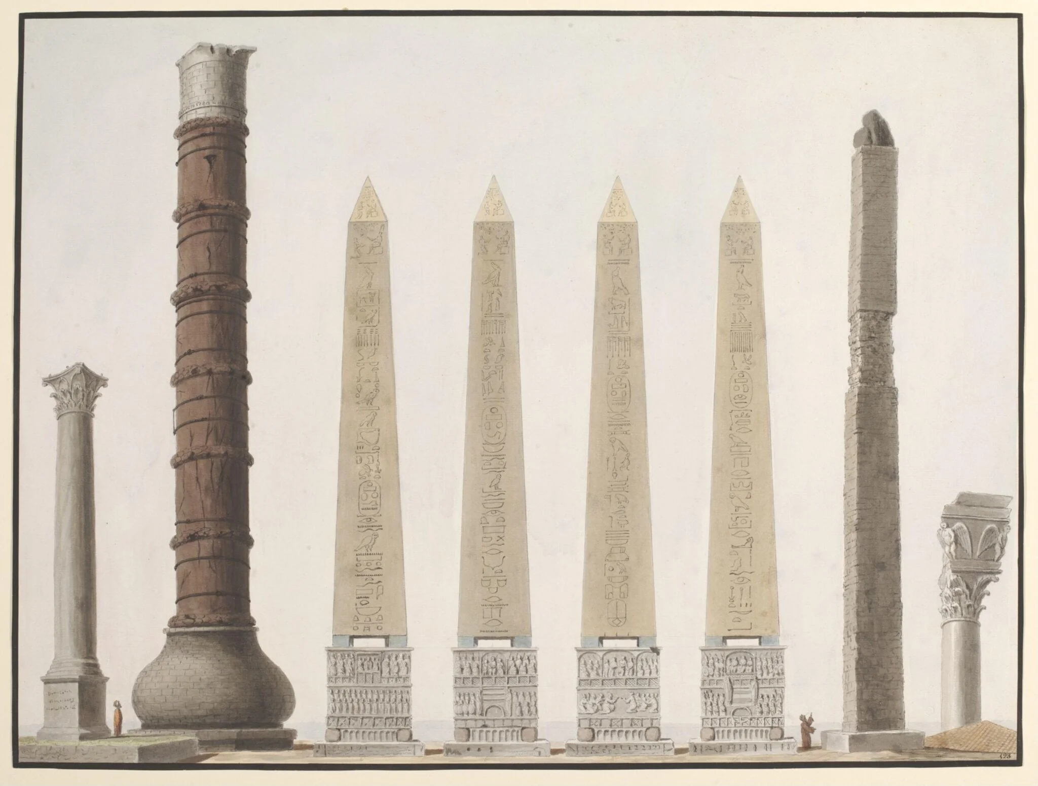 An illustration showing the ancient columns and the Egyptian oblelisk, detail