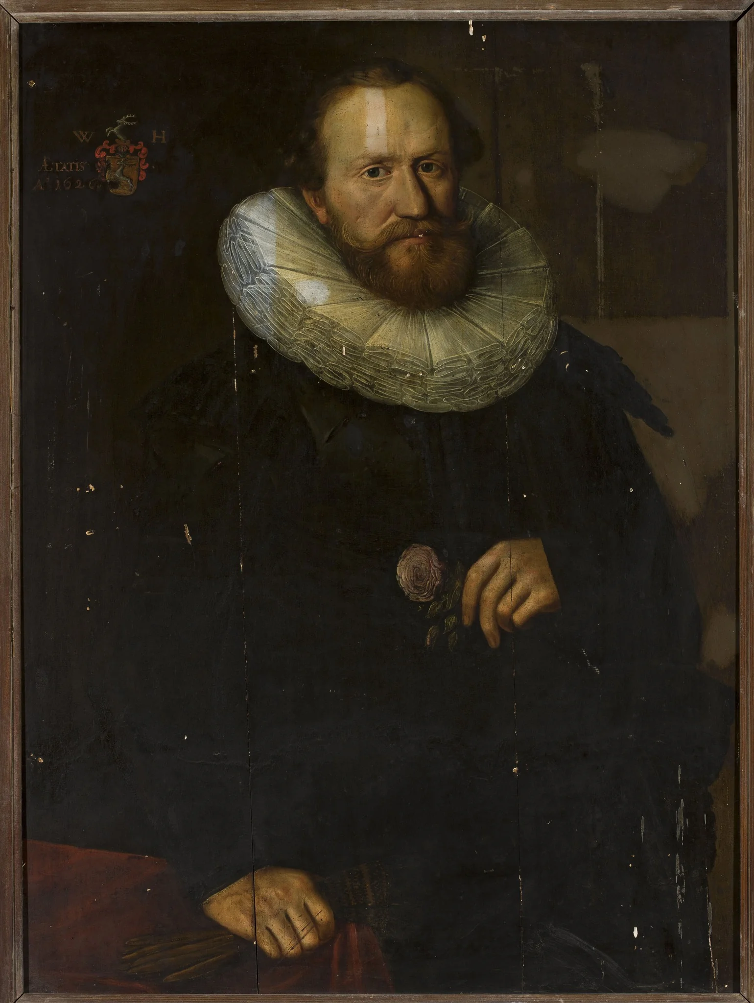Portrait of a man with a rose in his hand, detail