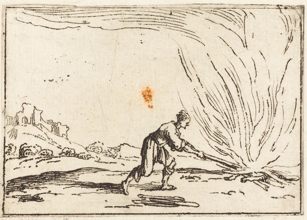 Man Attending a Fire, by Jacques Callot, ink, 1628