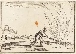 Man Attending a Fire, by Jacques Callot, ink, 1628