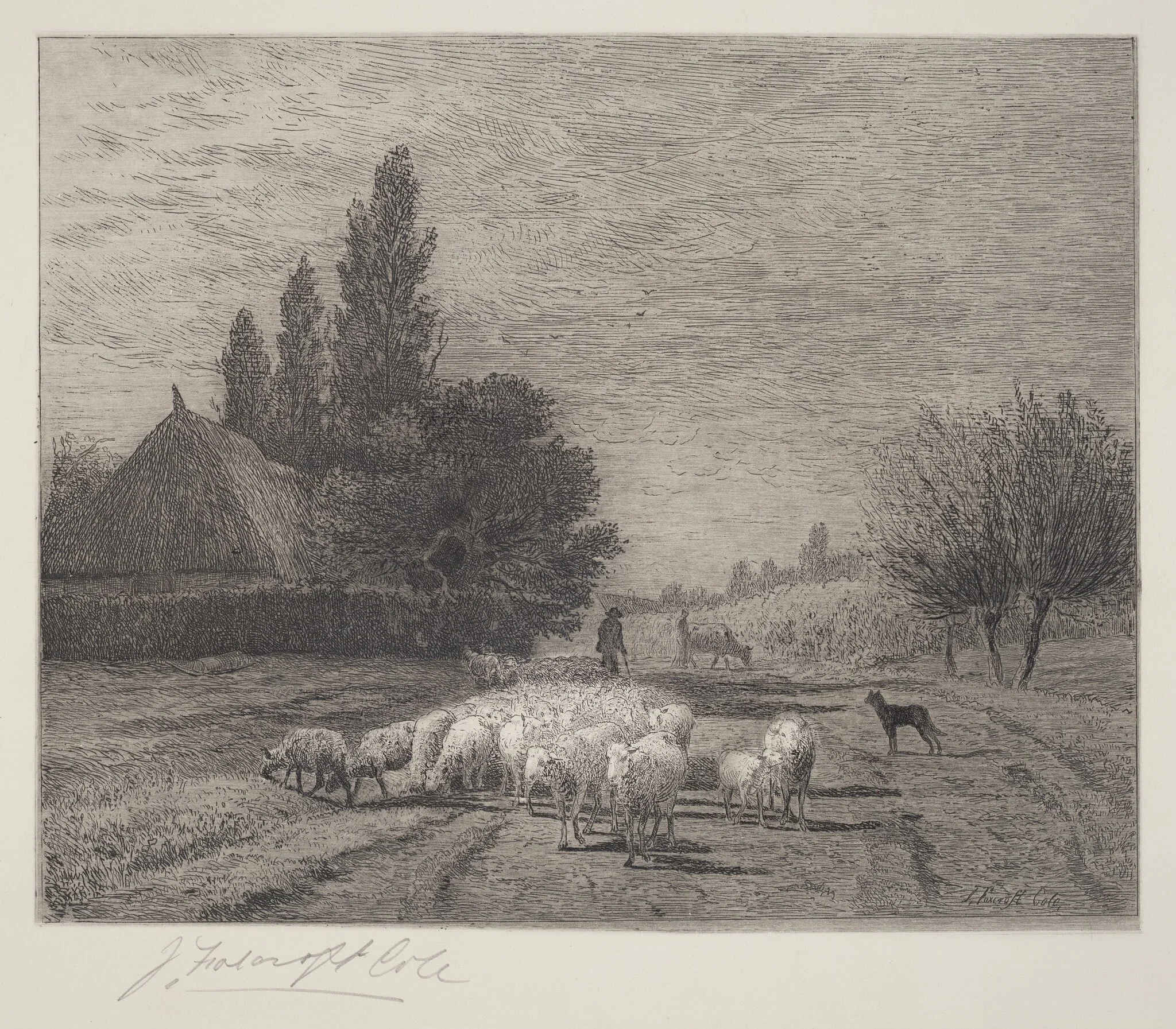 Village Street in France With a Flock of Sheep, detail