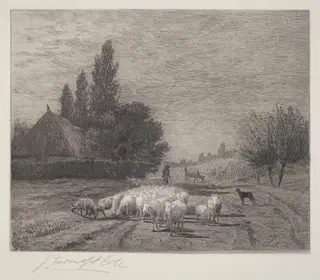Village Street in France With a Flock of Sheep, by Joseph Foxcroft Cole, ink, 1866