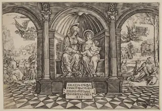 Virgin and Child Enthroned with Saint Anne, by Master NA.DAT with the Mousetrap, ink, 1512