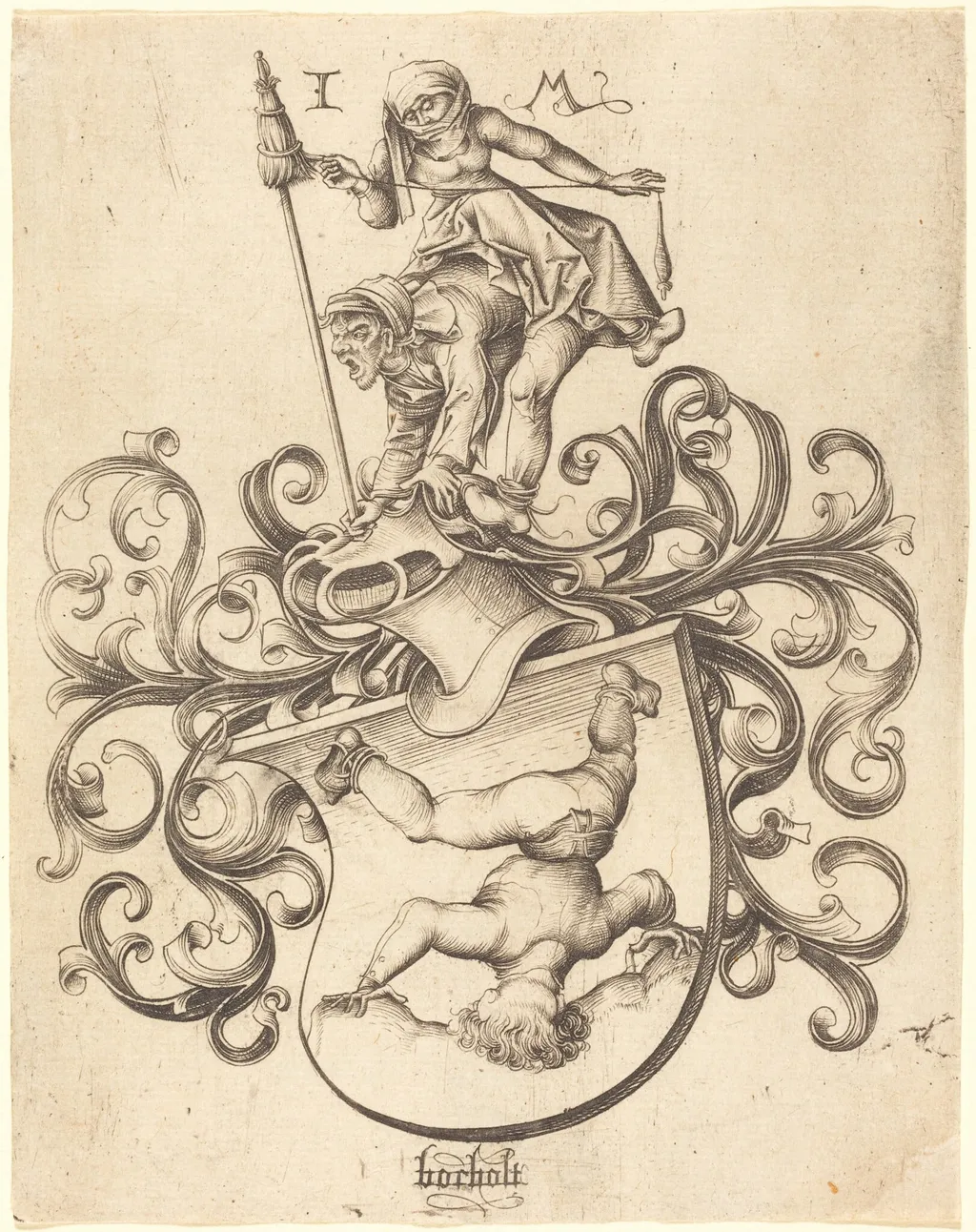 Coat of Arms with Tumbling Boy, by Israhel van Meckenem, ink, 1485