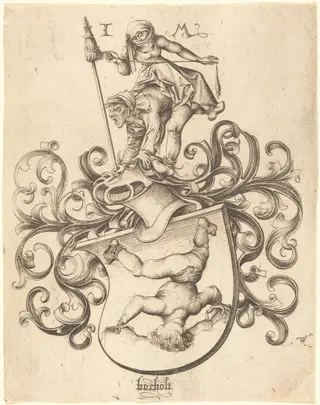 Coat of Arms with Tumbling Boy, by Israhel van Meckenem, ink, 1485
