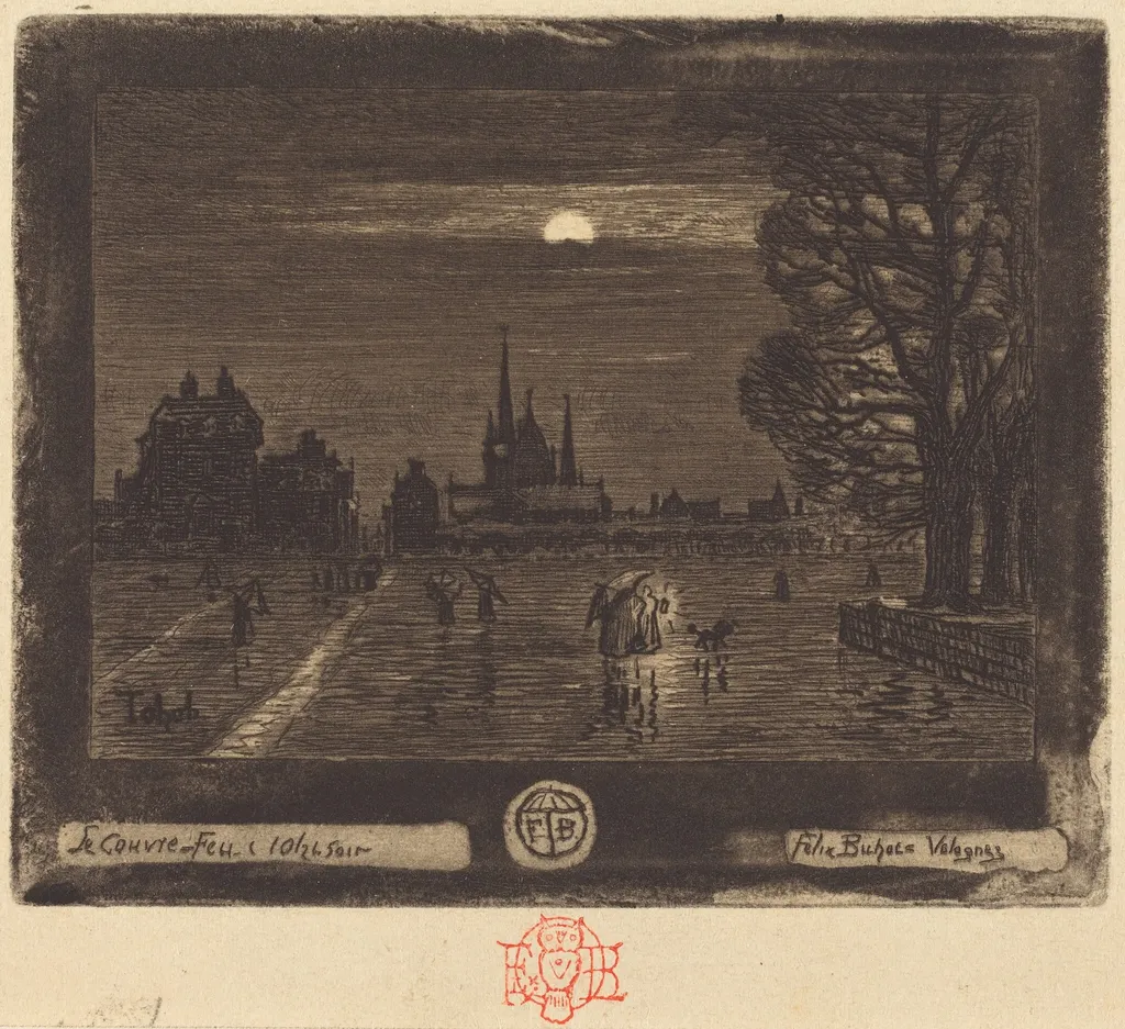 Le Couvre-Feu (The Curfew) [recto], by Félix-Hilaire Buhot, ink, 1874
