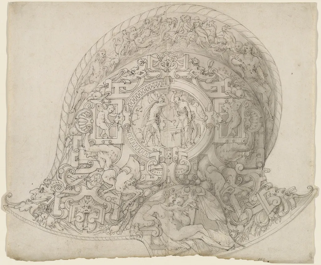 Design for a Burgonet Helmet, by Jean Cousin the Elder, ink, 1545