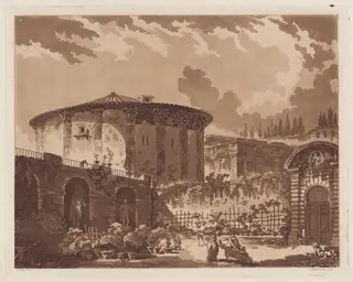 View in the Garden of a Roman Villa, with the Temple of Hercules Victor and the Temple of Portunus, by Jean-Claude-Richard, Abbé de Saint-Non, ink, 1766