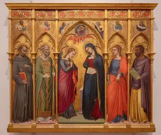 Annunciation with SS. Francis, Nicholas, Thomas, and Evangelist, by Luca di Tommè, unspecified, 1369