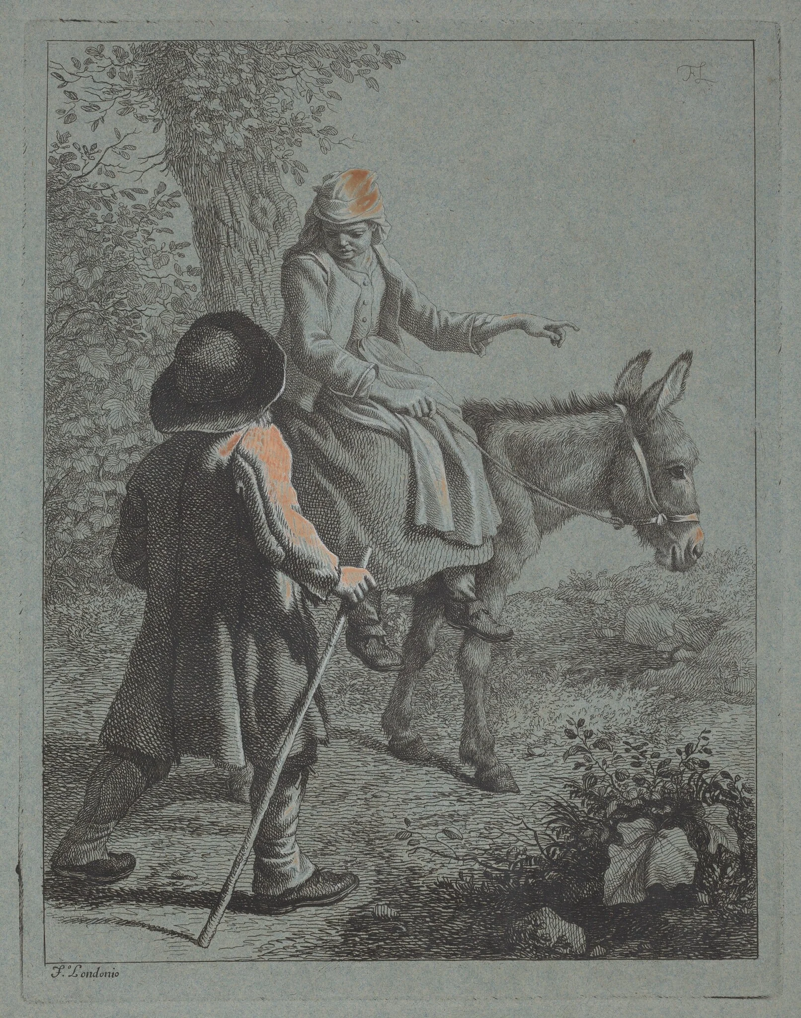Peasant Woman Seated on a Donkey and a Peasant Man, detail