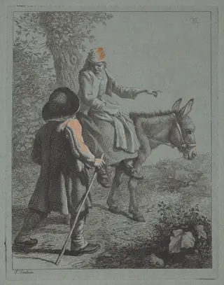 Peasant Woman Seated on a Donkey and a Peasant Man, by Francesco Londonio, gouache, 1753