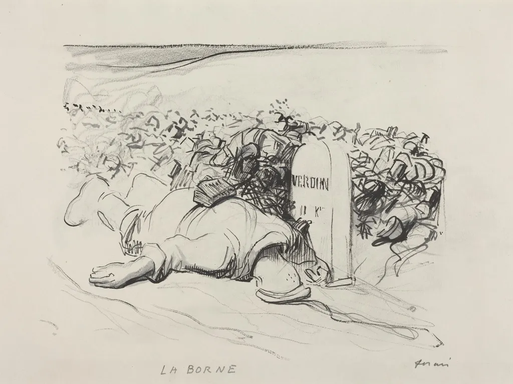 a) La Borne, Verdun (recto); b) Wounded Soldier and First-Aid Man (verso), by Jean-Louis Forain, graphite, 1916