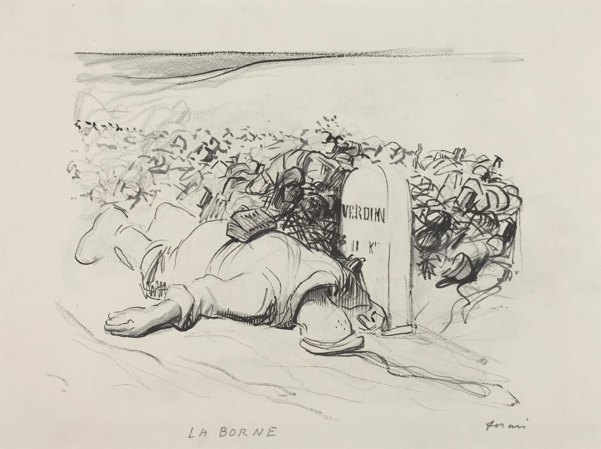 a) La Borne, Verdun (recto); b) Wounded Soldier and First-Aid Man (verso), detail