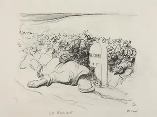 a) La Borne, Verdun (recto); b) Wounded Soldier and First-Aid Man (verso), by Jean-Louis Forain, graphite, 1916