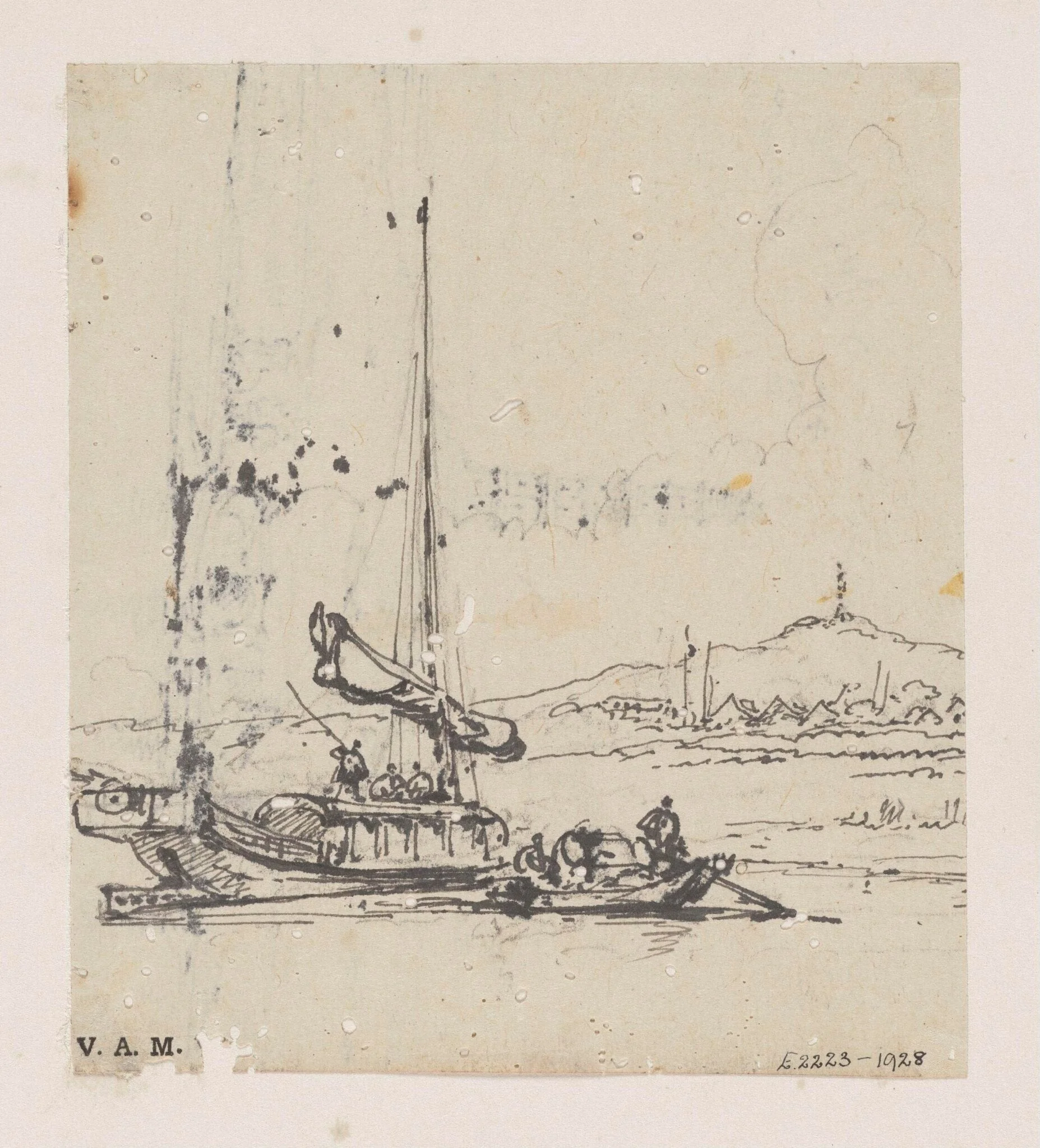 A junk with a Tanka boat alongside, detail