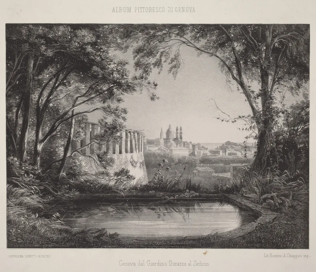 Genova dal Giardino Durazzo al Zerbino (Genoa from the Giardino Durazzo al Zerbino), by Leopoldina Zanetti Borzino, ink, 1857