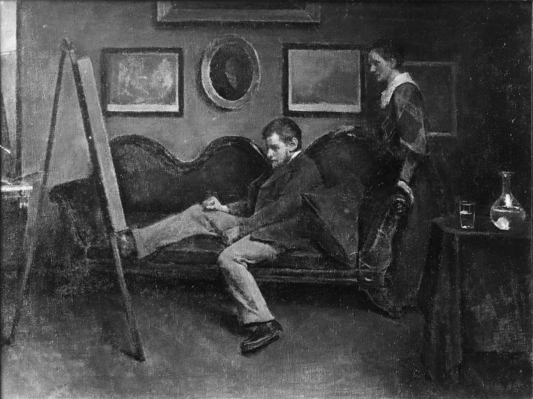 Maleren. En kunstner betragter sammen med sin hustru sit værk, detail