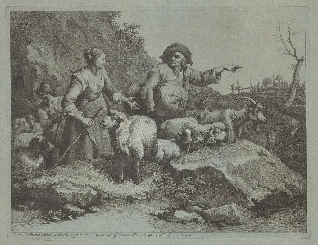 Peasant Man with a Sack and Two Shepherdesses, by Francesco Londonio, ink, 1765