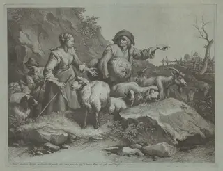 Peasant Man with a Sack and Two Shepherdesses, by Francesco Londonio, ink, 1765