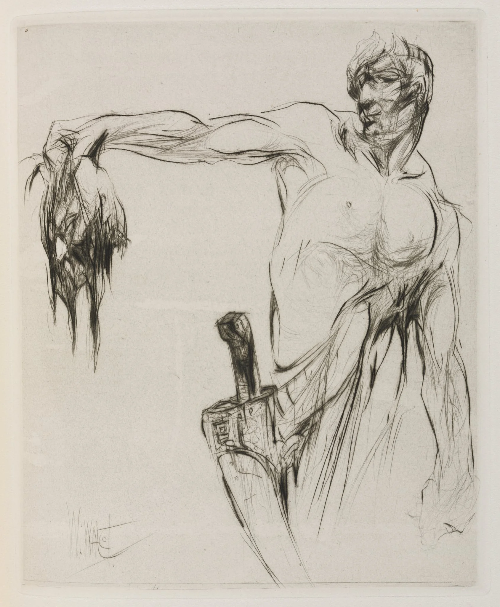 Herodias: Page 53, The head entered and mannaeus held it by the hair, at arm's length, proud from the applause, detail