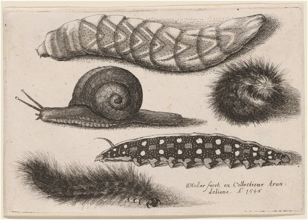 Four Caterpillars and a Snail, by Wenceslaus Hollar, ink, 1646