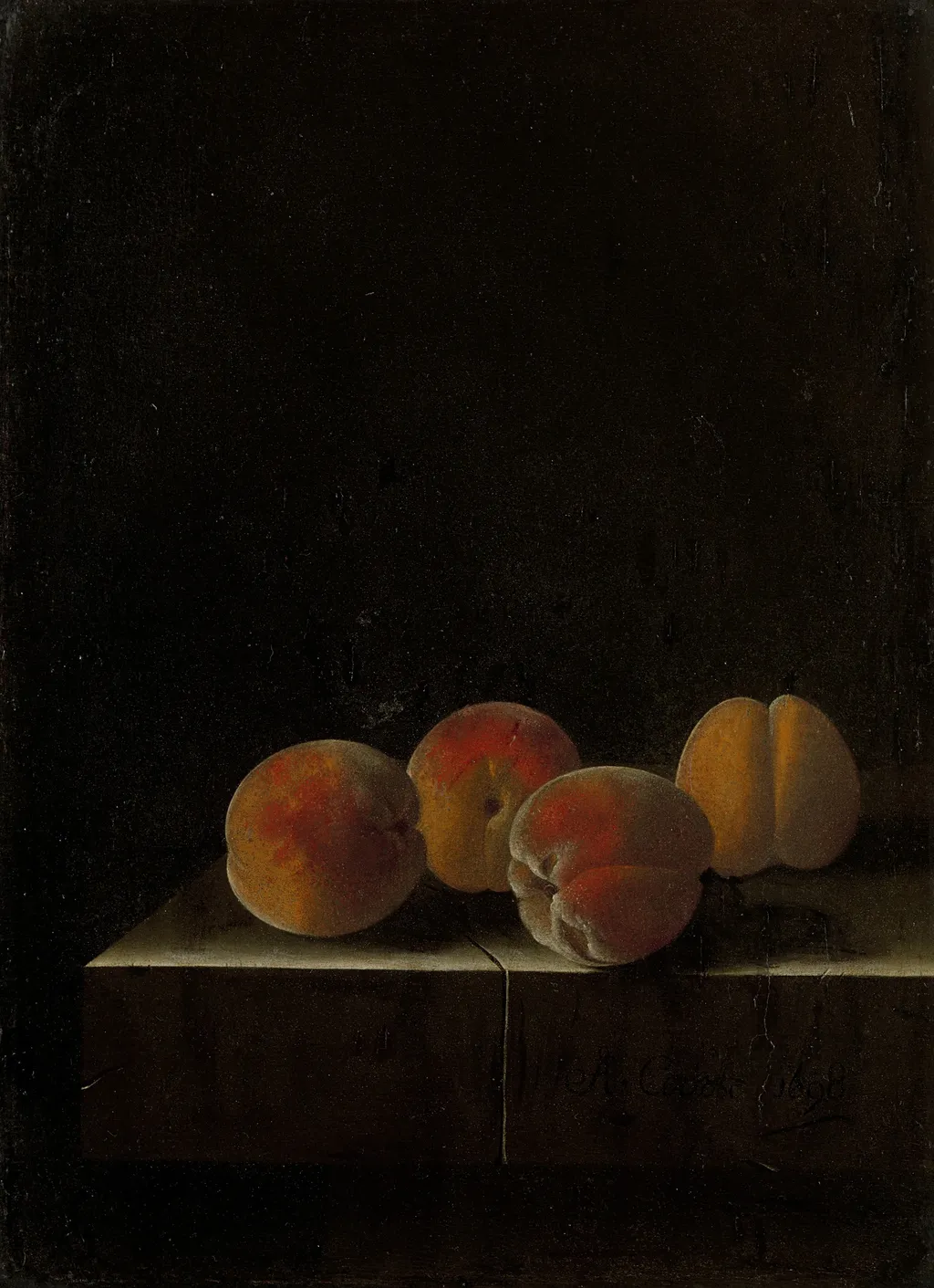 Vier abrikozen op een stenen plint, by Adriaen Coorte, unspecified, 1700
