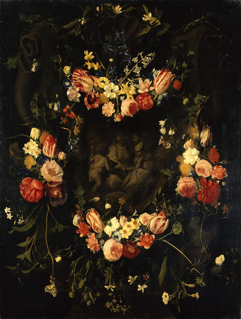 Cartouche addorned with flowergarlands surrounding a depiction of the Holy Family with the infant Saint John the Baptist, by Erasmus Quellinus II, paint, 1655