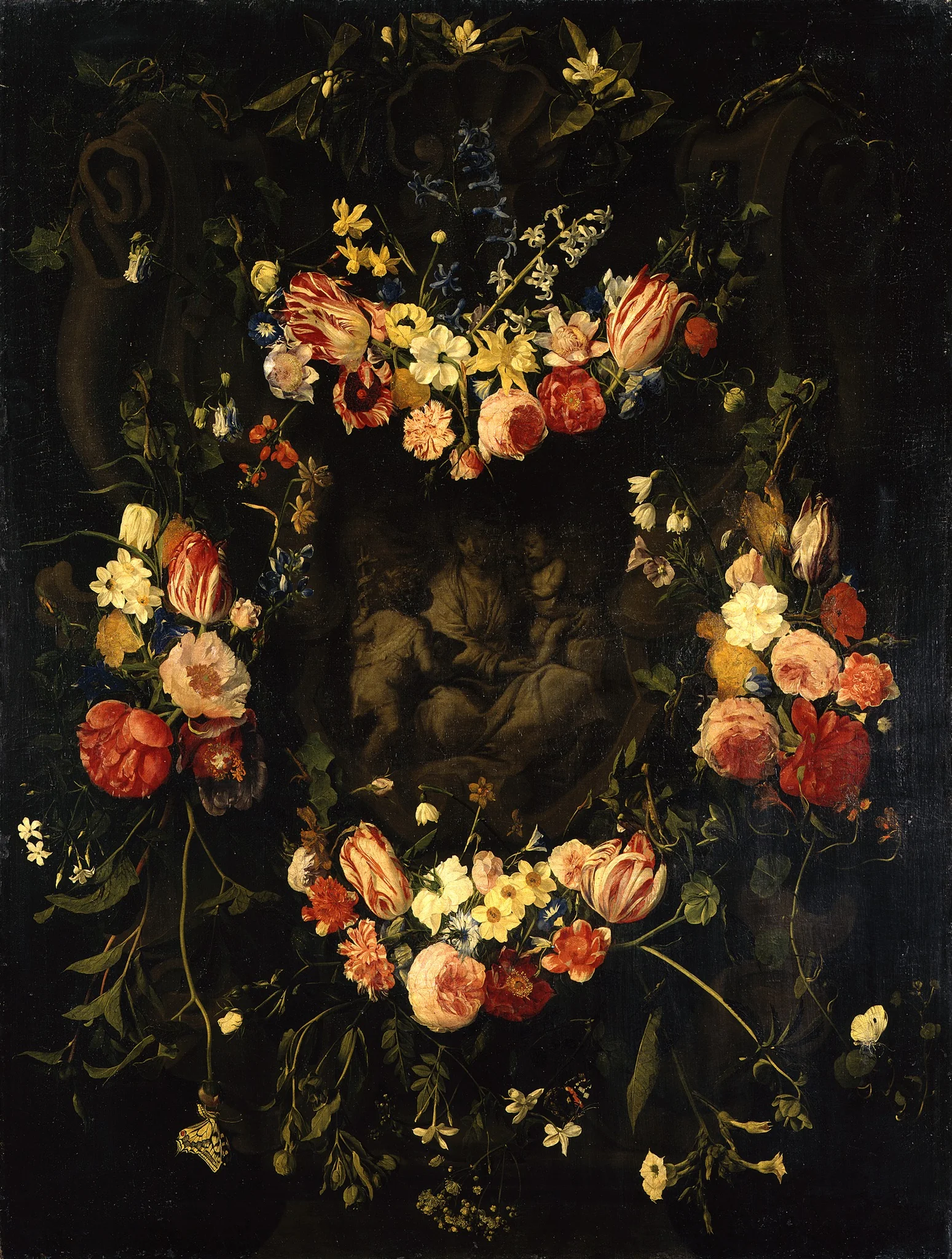 Cartouche addorned with flowergarlands surrounding a depiction of the Holy Family with the infant Saint John the Baptist, detail