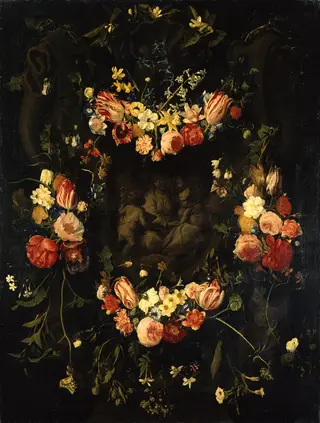 Cartouche addorned with flowergarlands surrounding a depiction of the Holy Family with the infant Saint John the Baptist, by Erasmus Quellinus II, paint, 1655