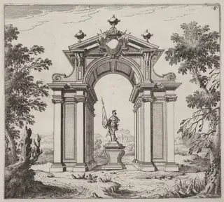 Triumphal Arch in a Landscape, by Giuseppe Antonio Landi, ink, 1753