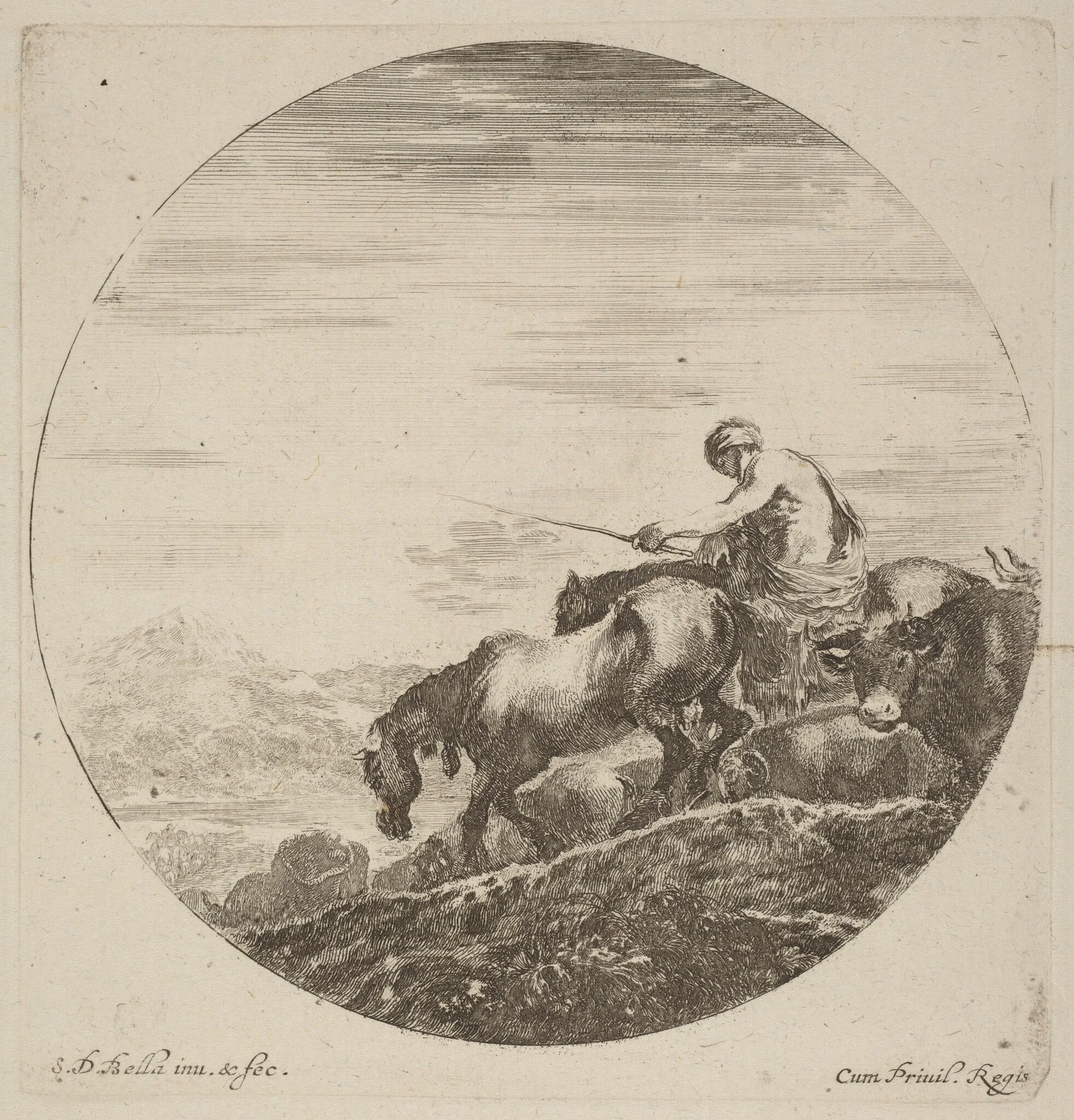 Shepherd on a Horse Driving a Herd of Various Animals, detail