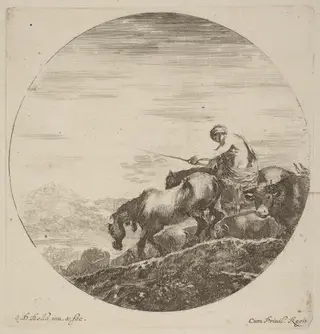 Shepherd on a Horse Driving a Herd of Various Animals, by Stefano Della Bella, ink, 1637