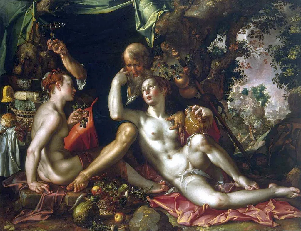 Lot and his Daughters, by Joachim Wtewael, oil, 1600