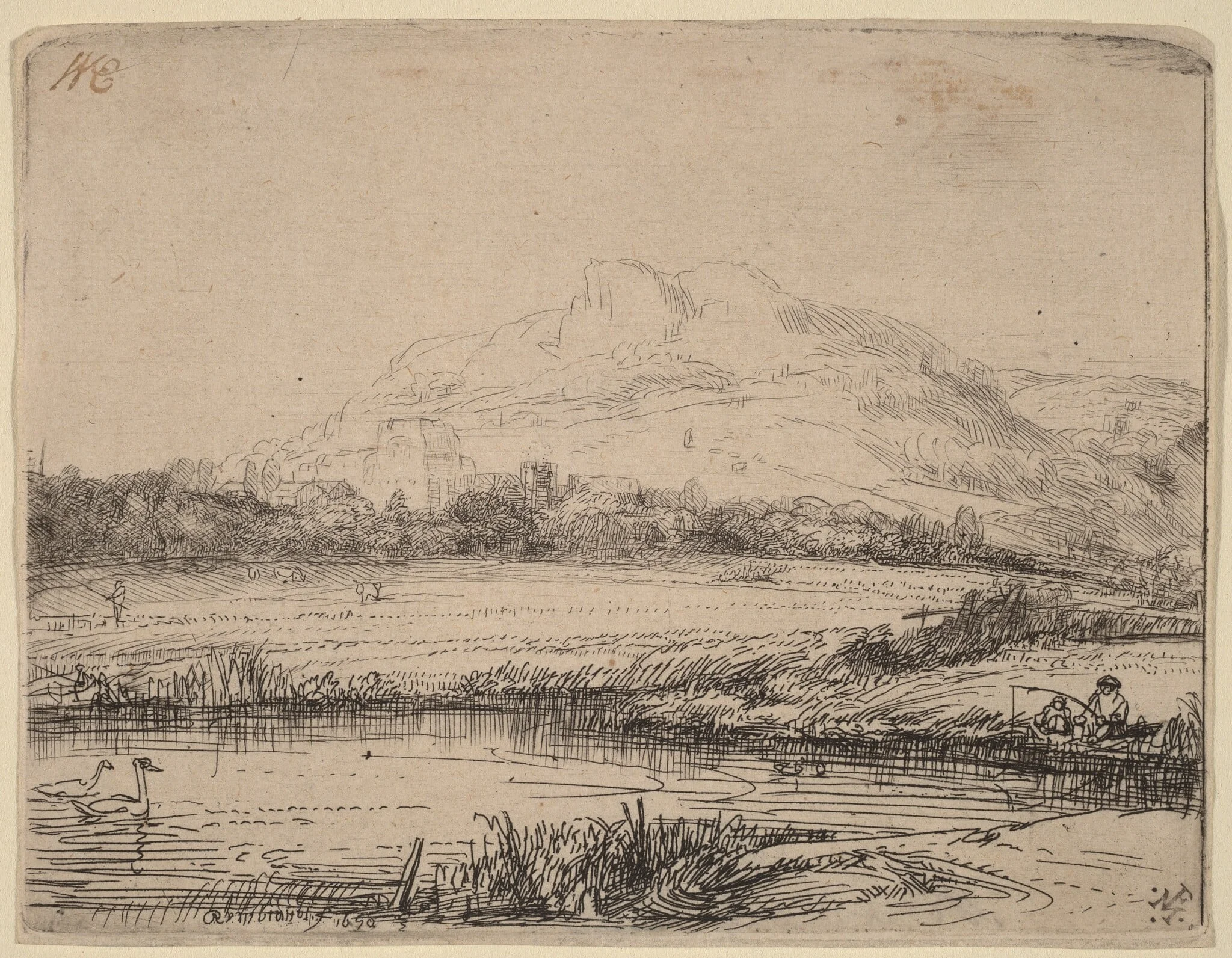 Canal with an Angler and Two Swans, detail