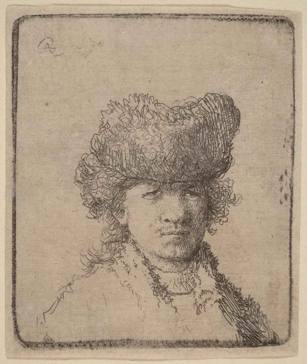 Self-Portrait in a Fur Cap, by Rembrandt van Rijn, ink, 1630