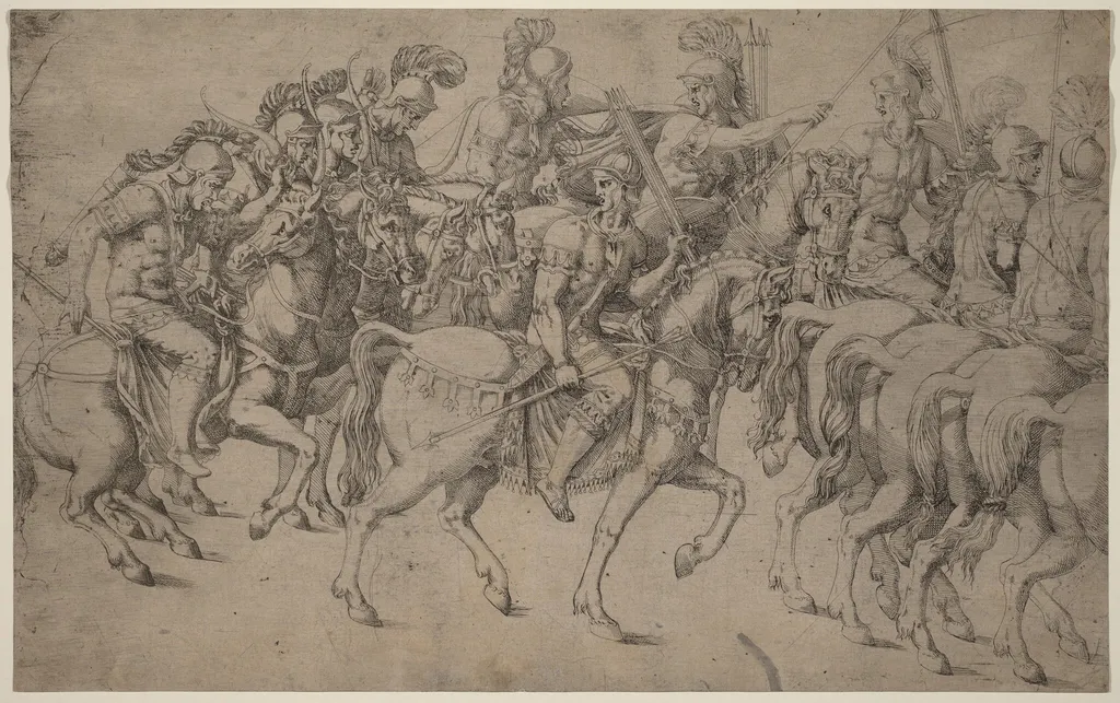 Riders Carrying Bows and Javelins, by Antonio Fantuzzi, ink, 1542