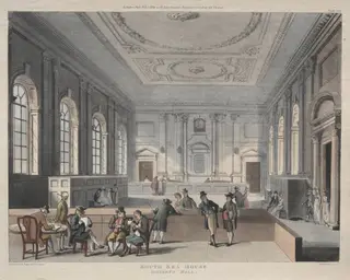 South Sea House, Dividend Hall, by Thomas Rowlandson, 1810