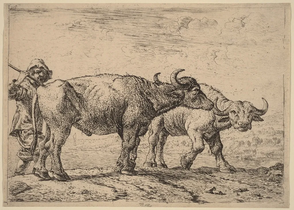 Two Buffaloes and a Herdsman, by Pieter van Laer, ink