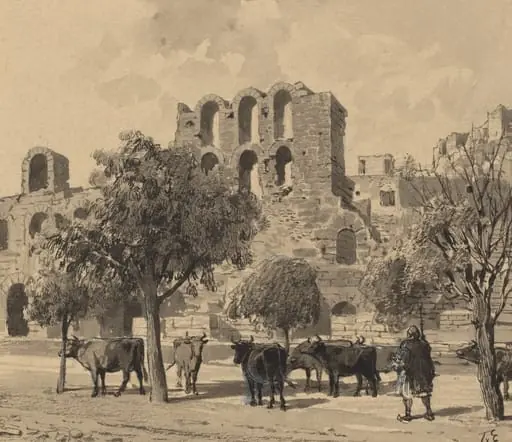 Theater of Herodes Atticus, by Themistocles von Eckenbrecher, ink, 1890