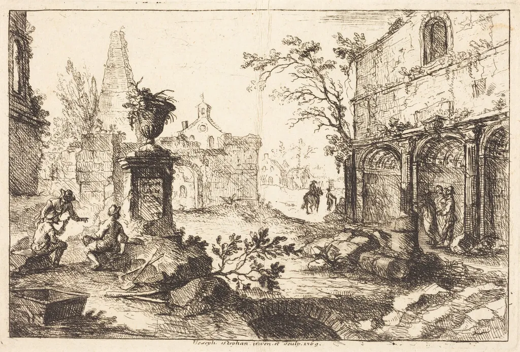 Architectural Fantasy with Roman Ruins, by Joseph Stephan, ink, 1769