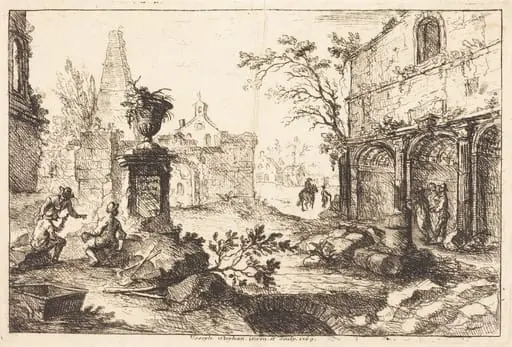 Architectural Fantasy with Roman Ruins, by Joseph Stephan, ink, 1769