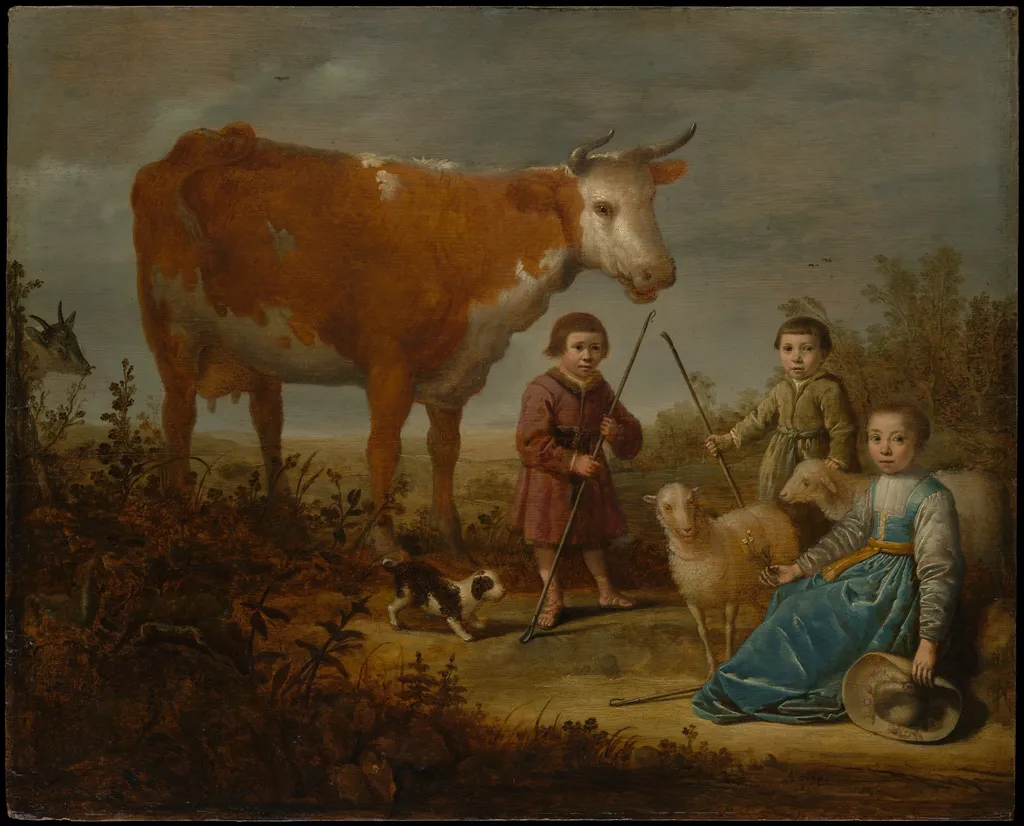 Children and a Cow, by Aelbert Cuyp, oil, 1650