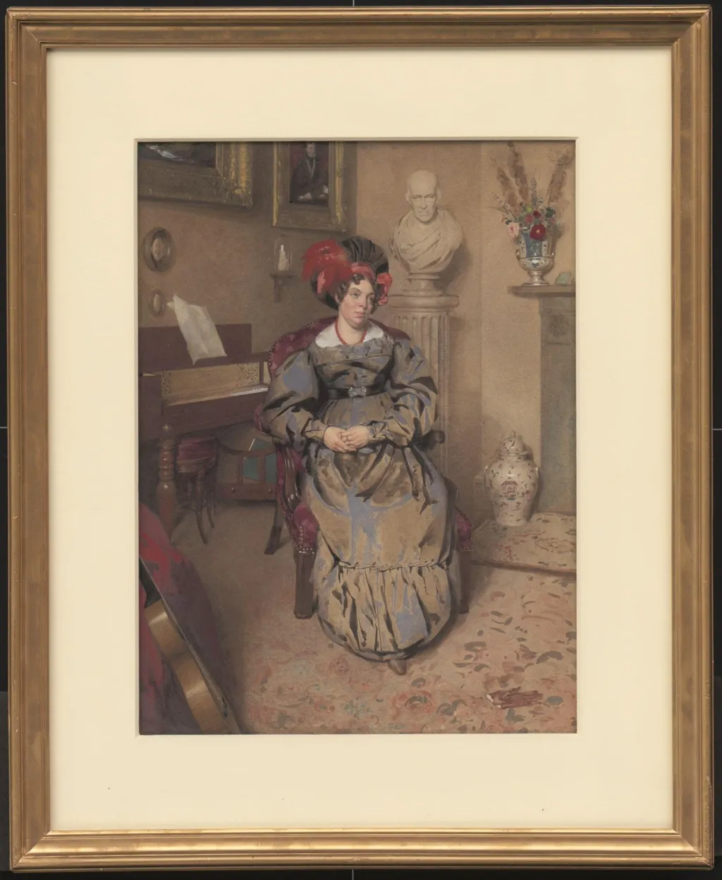 Portrait of a lady seated in an armchair, by Frederick Cruickshank, watercolor, 1830