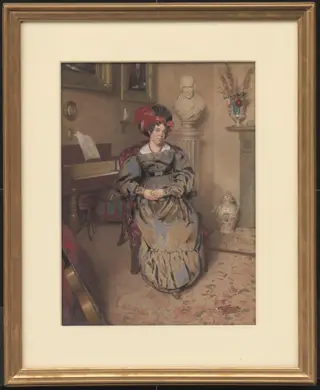 Portrait of a lady seated in an armchair, by Frederick Cruickshank, watercolor, 1830