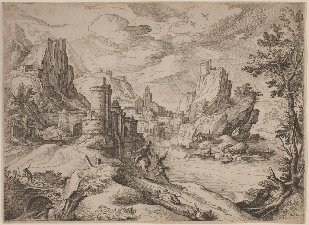 River Landscape with Travelers, by Paul Bril, ink, 1590